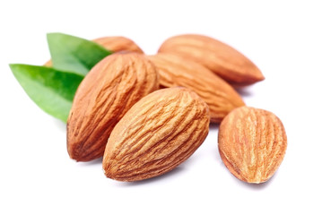 Almonds nuts with leaves