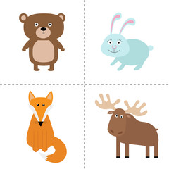 Forest animal set. Bear, hare, fox, moose. Kids education cards. White background. Isolated. Flat design.