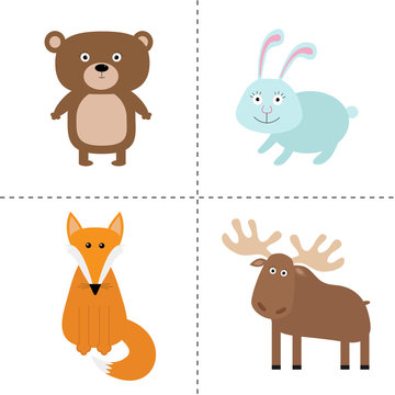 Forest animal set. Bear, hare, fox, moose. Kids education cards. White background. Isolated. Flat design.