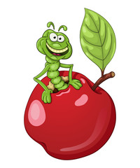 Funny cartoon worm coming out of an apple