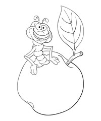 Black and white illustration of  cartoon worm coming out of an apple