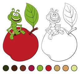 Funny cartoon worm coming out of an apple. Coloring book