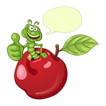 Funny cartoon worm coming out of an apple and shows his thumb with approval. With speech bubble