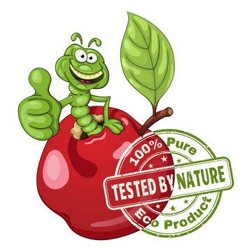 Funny cartoon worm coming out of an apple and shows his thumb. With Tested Eco Product stamp image