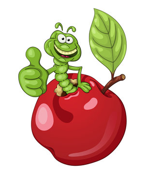 Funny cartoon worm coming out of an apple and shows his thumb with approval
