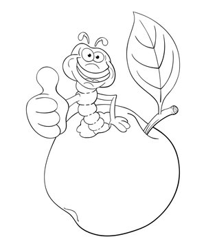 Black and white illustration of funny cartoon worm coming out of an apple and shows his thumb with approval