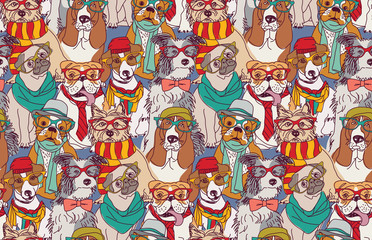 Cute dog fashion hipster seamless pattern.