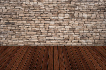 Empty top wooden table and natural stone wall background. For pr