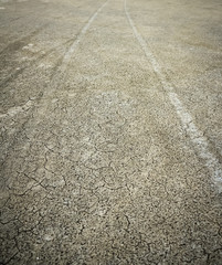 diverging pattern of four wheel drive tracks in wet yellow sand