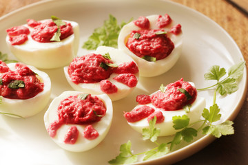 deviled eggs ( Bunny feet ) with beet