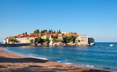 view of Sveti Stefan, small islet and resort in Montenegro. Balkans, Adriatic sea, Europe.
