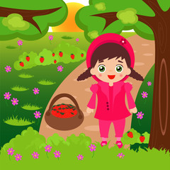 Obraz na płótnie Canvas Illustration of cartoon little girl picking strawberries in the forest.