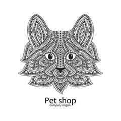 Creative stylized cat head in ethnic boho style. Good for logo, ornamental tattoo, t-shirt design. Animal background. Highly detailed abstract hand drawn style. Text Pet Shop. Vector illustration