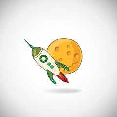 Moon and rocket vector icons on white background. Moon and rocket with shadow