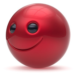 Smile face head ball cheerful sphere emoticon cartoon smiley happy decoration cute red. Smiling funny joyful person laughing joy character toy good avatar. 3d render isolated