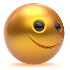 Smile face head ball cheerful sphere emoticon cartoon smiley happy decoration cute yellow golden. Smiling funny joyful person laughing joy character toy good avatar. 3d render isolated