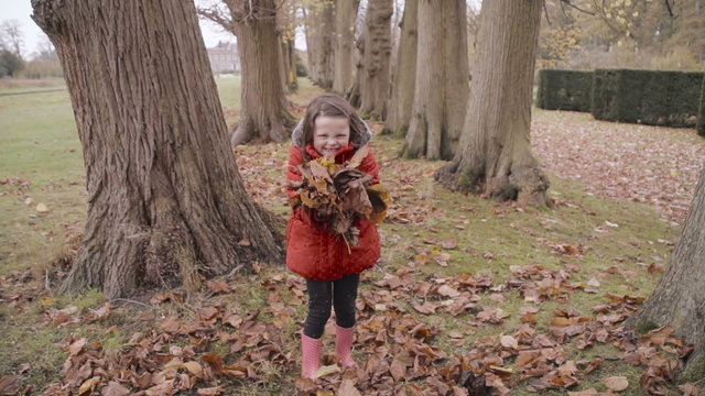 Little Girl Playing In The Autumn Fall. Picking up and throwing golden leaves