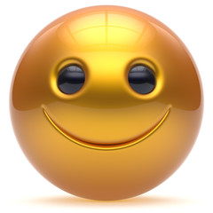 Smiling face head ball cheerful sphere emoticon cartoon smiley happy decoration cute golden yellow. Smile funny joyful person laughing joy character toy good avatar. 3d render isolated