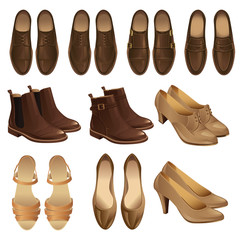 Vector illustration of classic shoe style. Set of man leather brown shoes and woman leather black shoes. Pair of black formal shoes for business man. Monk shoes, loafer shoes