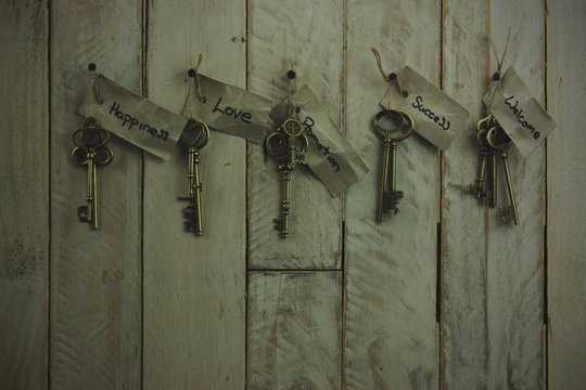Antique keys on wooden background