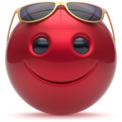 Smiling face head ball cheerful sphere emoticon cartoon smile happy decoration cute red golden sunglasses. Smiley funny joyful person laughing joy character toy avatar. 3d render isolated