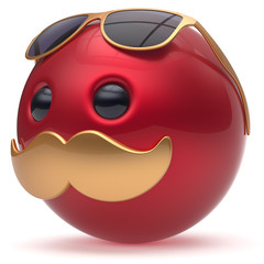 Cartoon mustache face emoticon ball happy joyful handsome person red golden sunglasses caricature. Cheerful eyeglasses laughing fun sphere positive smiley character avatar. 3d render isolated