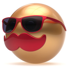 Cartoon mustache face emoticon ball happy joyful handsome person golden red sunglasses caricature icon. Cheerful eyeglasses laughing fun sphere positive smiley character avatar. 3d render isolated