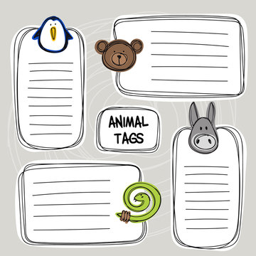 Vector set of hand drawn funny doodle tags with animals, sketch style,