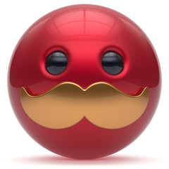 Cartoon mustache face cute emoticon ball happy joyful handsome person red golden caricature stylish icon. Cheerful laughing fun sphere positive smiley character avatar. 3d render isolated
