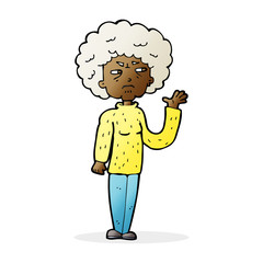 cartoon annoyed old woman waving