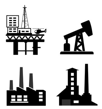 Industrie, usine et plateforme pétrolière en 4 icônes