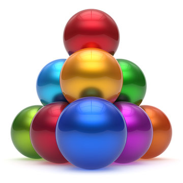 Sphere ball pyramid hierarchy corporation top order leadership different element teamwork group business high level concept multicolored shiny sparkling. 3d render isolated