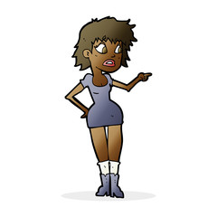 cartoon worried woman in dress pointing