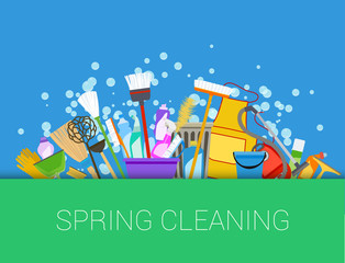 Spring cleaning background. Set of cleaning supplies, tools
