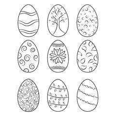 Set of black and white Easter eggs decorated with floral and geometrical ornament. For coloring, templates, greeting cards
