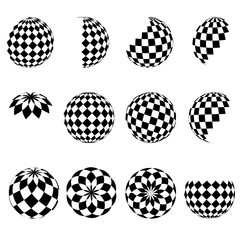 3D vector halftone spheres. Set of abstract backgrounds. Black a