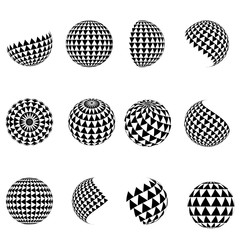 3D vector halftone spheres. Set of abstract backgrounds. Black a
