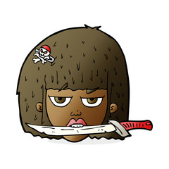 cartoon woman holding knife between teeth