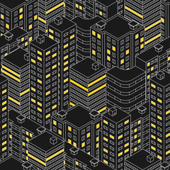 Isometric building at night.  Linear style. The outlines of sky