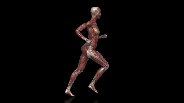 Running muscular woman with visible muscles