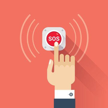 Hand press SOS button icon. Vector image isolated on red background.
