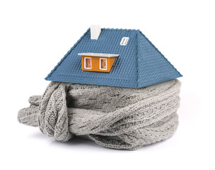 home insulation concept. scarf around the house - obrazy, fototapety, plakaty