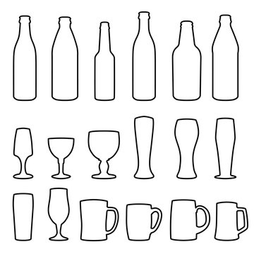 Different types of glasses and bottles for drinking