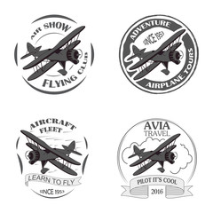 Vintage airplane emblems. Biplane labels. Retro Plane badges, plane design elements. Aviation stamps collection Aerial logo and logotype. Fly stamps isolate, pilot academy symbols Vector Jet elements. © klerik78