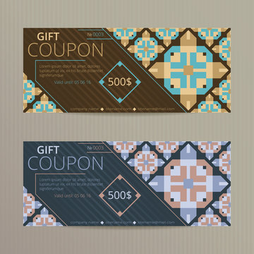 Gift voucher with elegant design. Gift card template. Coupon discount set. Voucher vector design. Coupon template with oriental design. Islamic design vouchers.