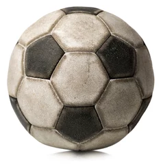 Foto auf Acrylglas Ballsport Old Soccer Ball Isolated on White / Detail eines alten Schwarz-Weiß-Fußballs isoliert auf weißem Hintergrund