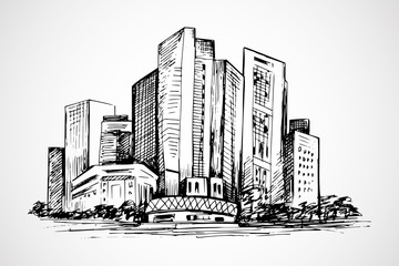 Hand drawn horizontal scene of office buildings