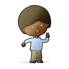 cartoon unhappy boy giving peace sign