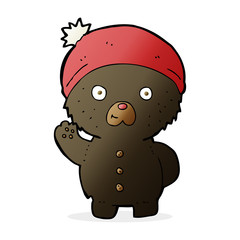 cartoon waving black teddy bear in winter hat