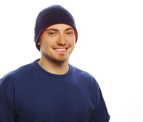 man in blue t-shirt and blue hat.